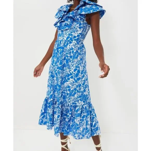 TUCKERNUCK Hyacinth House Blue and White floral Beaufort Thea Midi Dress NWT XXS - Picture 2 of 8